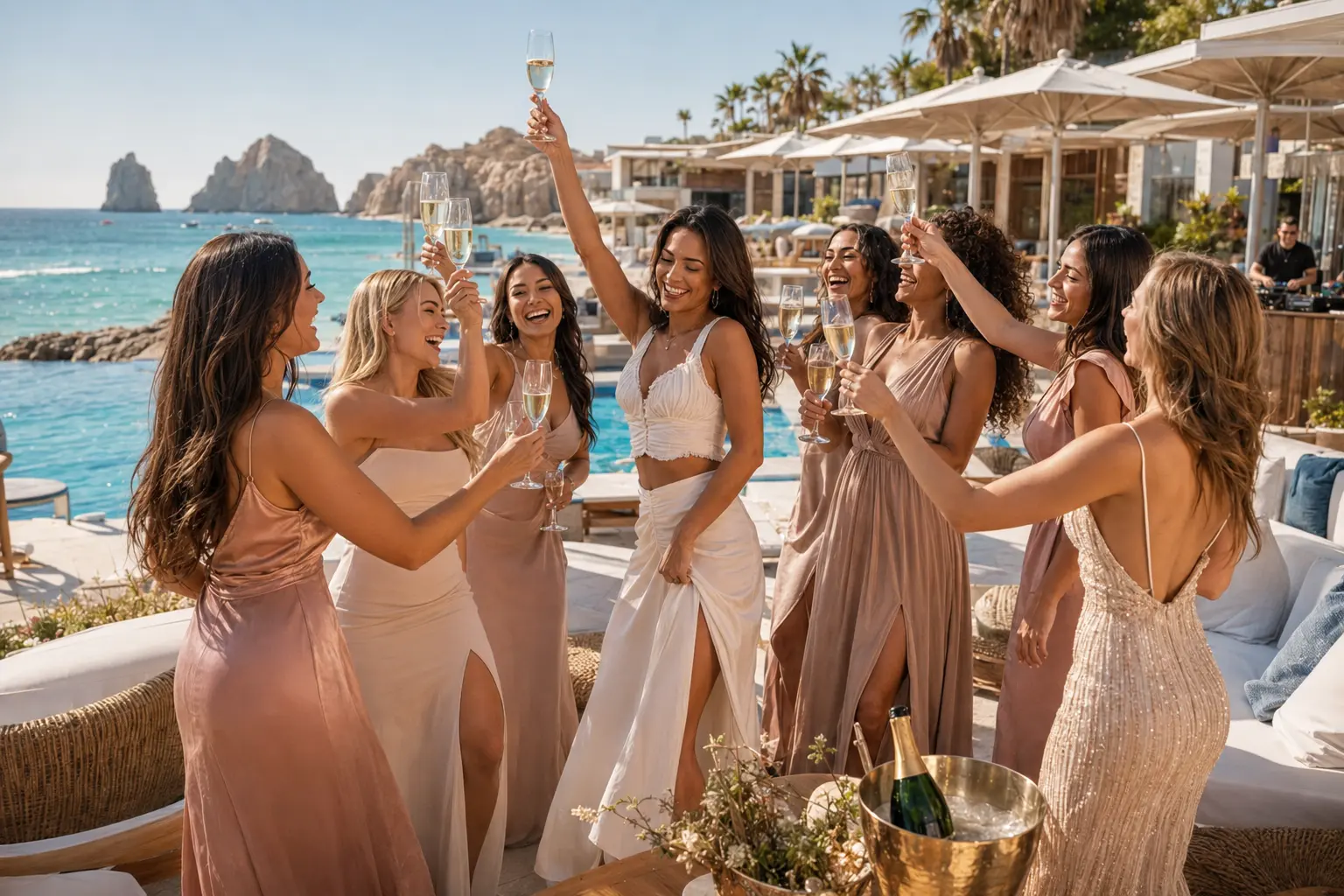 Bachelorette group celebrating with champagne at a luxury Cabo beach club