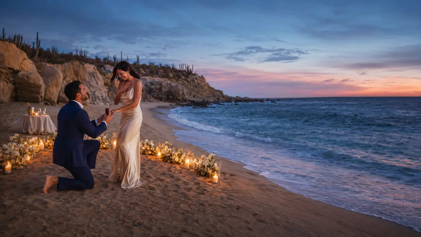 Surprise marriage proposal on a candlelit Los Cabos beach at sunset