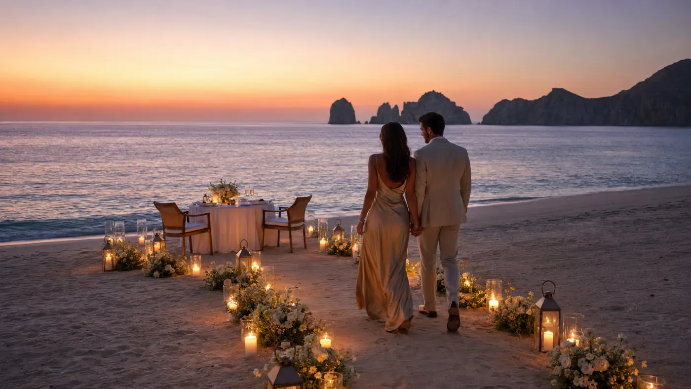 Couple approaching a candlelit private beach dinner in Los Cabos at sunset
