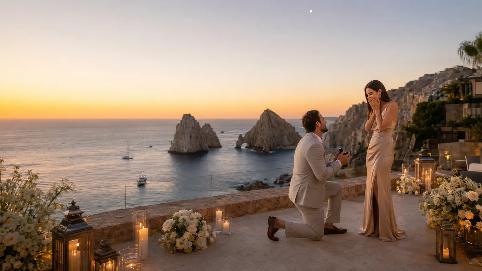Marriage proposal on a private terrace overlooking the Arch of Cabo San Lucas at sunset