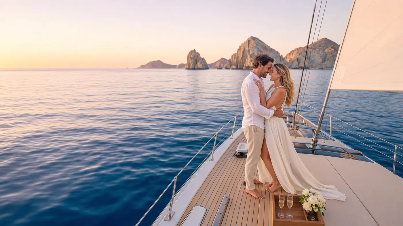 Newly engaged couple celebrating aboard a private sailboat near the Arch of Cabo San Lucas