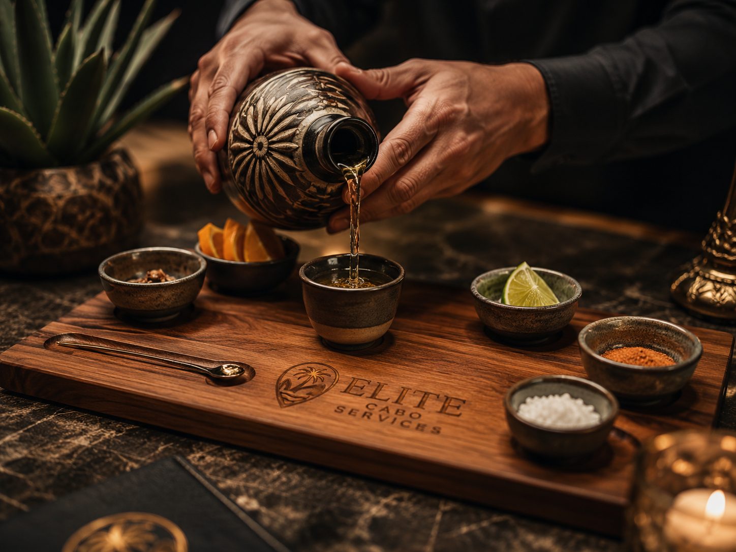 Close-up pour over Elite Cabo Services branded tequila tasting board