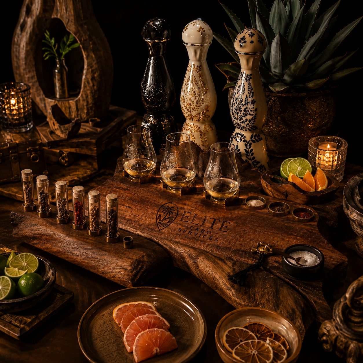 Premium tequila tasting table with bottles, glassware, and Elite Cabo Services branded board