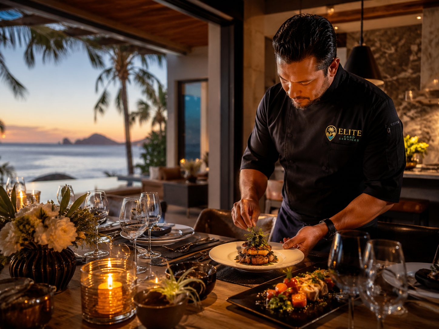 Private chef plating an in-villa dinner at a Los Cabos villa