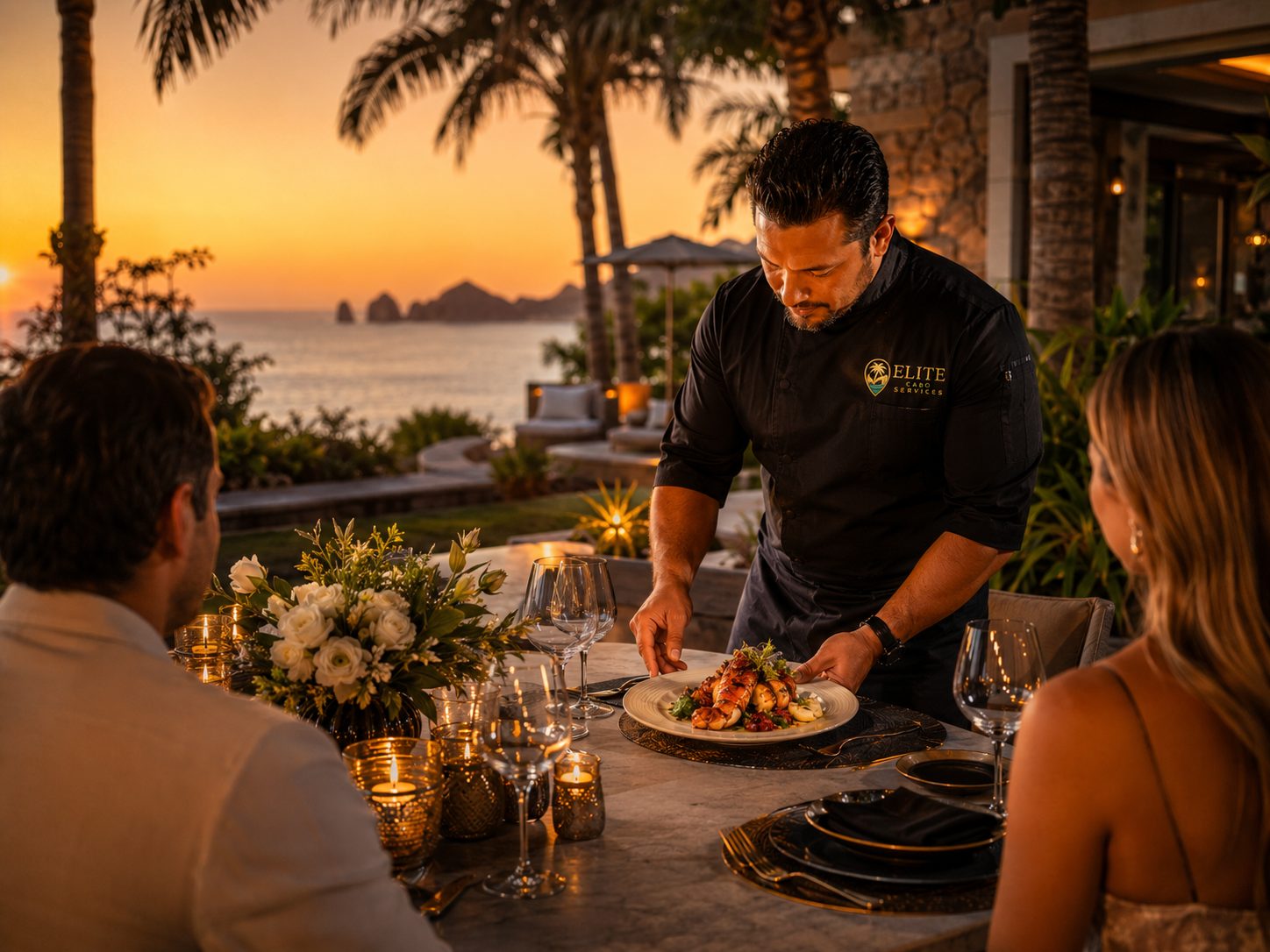Private chef serving guests during a golden-hour dinner in Cabo San Lucas