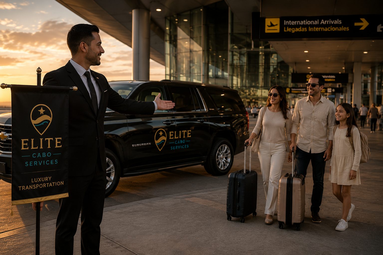 Chauffeur greeting guests at Los Cabos International Airport arrivals with a private SUV