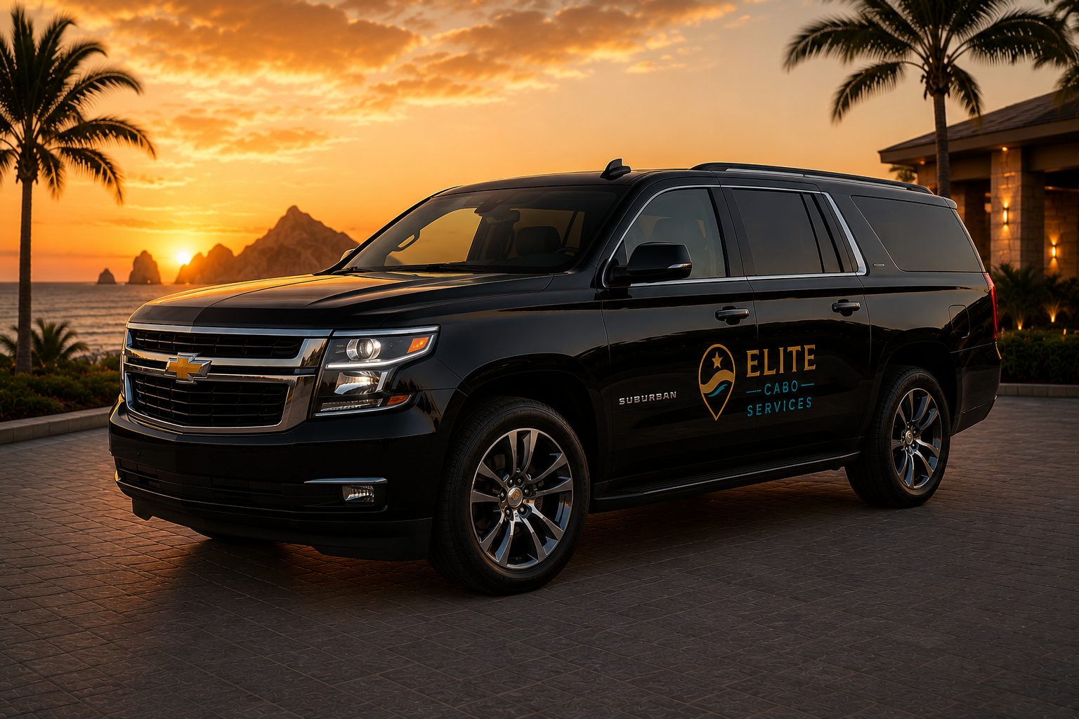 Elite Cabo Services luxury SUV on the Los Cabos corridor at sunset