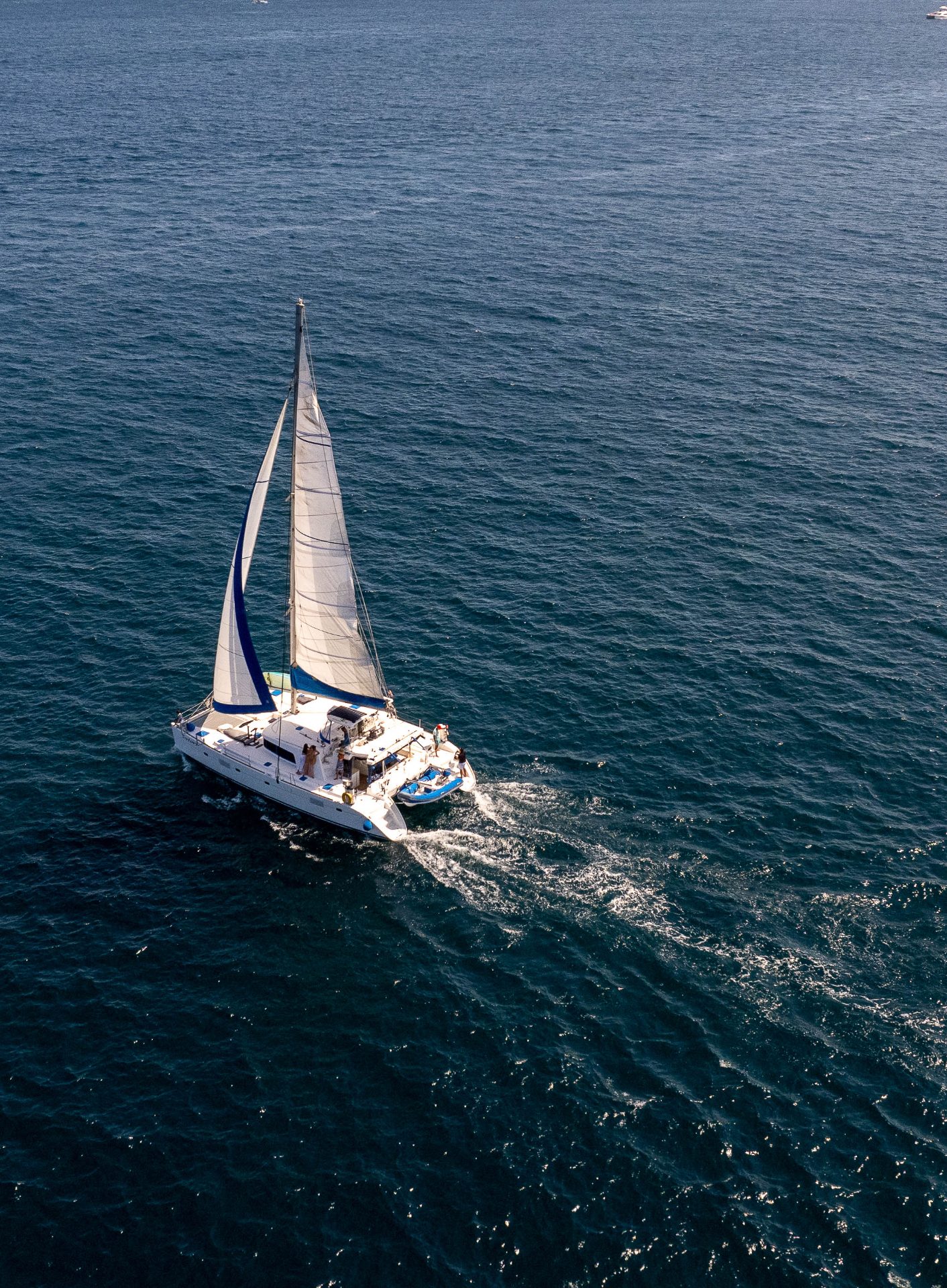 Aerial view of a private catamaran sailing across the open Sea of Cortez