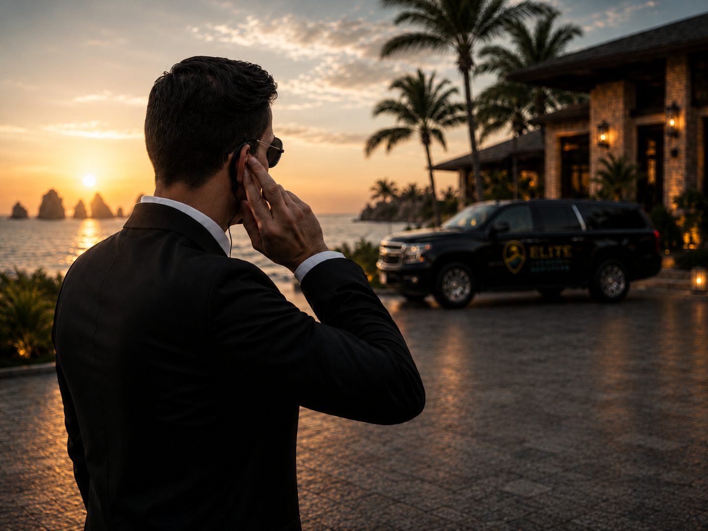 Discreet private security professional with earpiece beside a luxury SUV at sunset in Los Cabos