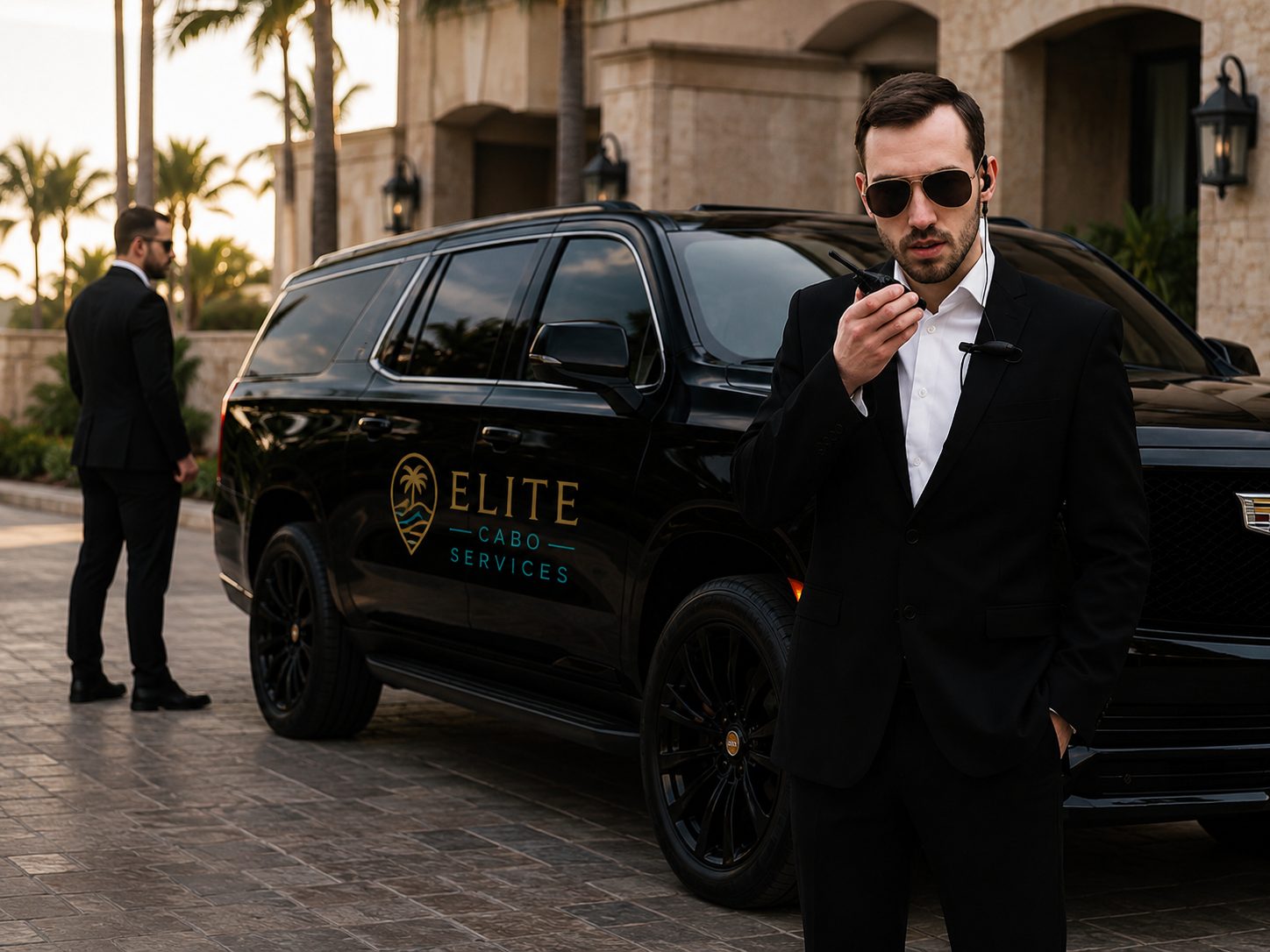 Professional private security coordinator beside a branded Elite Cabo Services luxury SUV at a villa entrance
